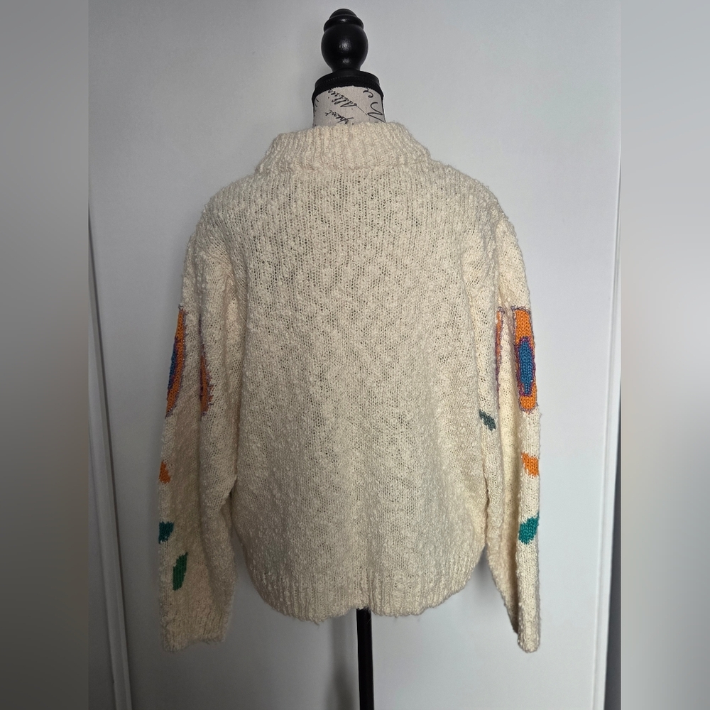 Vintage Floral Knit Sweater Cream Chunky Cottagecore 90s Medium - Picture 2 of 6